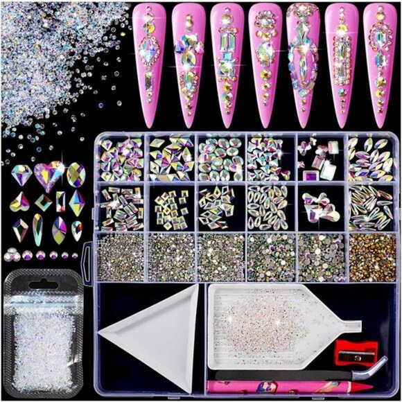 8000pcs Nail Gems and Rhinestones for Nails Art, 240 Shaped Glass AB Crystals - Picture 1 of 7